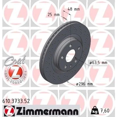 Bilde av ZIMMERMANN Bremseskive VOLVO: XC40 25mm 6/5 5 hull 108mm innvendig ventilert, hullet belagt 610.3733.52 31471414,32300121 Bremseskiver, Skivebremser