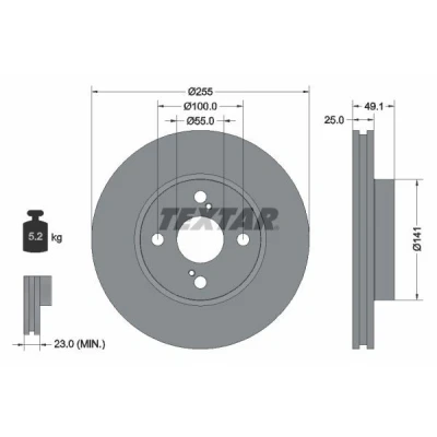 Bilde av TEXTAR 92125900 Bremseskiver 255 25 04/06 100 innvendig ventilert uten hjulfestebolt, hjulnav TOYOTA: Corolla IX Hatchback
