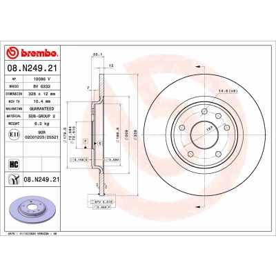 Bilde av BREMBO 08.N249.21 Bremseskiver 328 12 6 fullt ut belagt høy karbon FIAT: Freemont, DODGE: Journey MPV, CHRYSLER: GRAND 5OYAGER 5