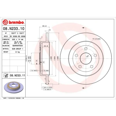 Bilde av BREMBO COATED DISC LINE 08.N233.11 Bremseskiver 330 14 5 fullt ut belagt JEEP: GRAND CHEROKEE 4