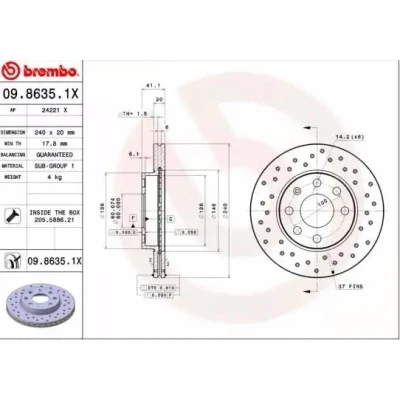Bilde av BREMBO XTRA LINE 09.8635.1X Bremseskiver 240 20 4 perforert / ventilert belagt med skruer OPEL: Corsa C Hatchback