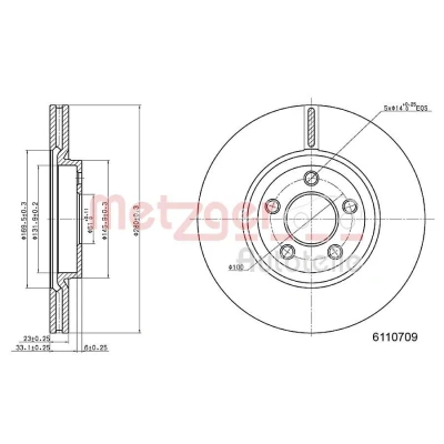 Bilde av METZGER 6110709 Bremseskiver framaksel 280 23 5 100 innvendig ventilert spraylakkert, Krysssliping CHRYSLER: PT Cruiser Stasjonsvogn