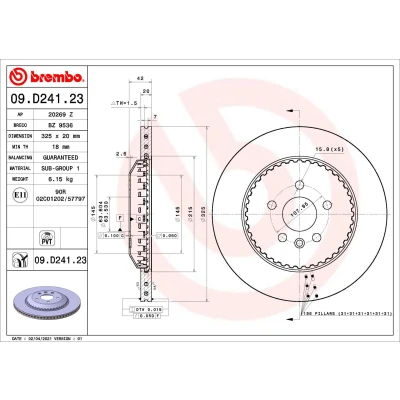 Bilde av BREMBO 09.D241.23 Bremseskiver 325 20 5 innvendig ventilert, bremseskive todelt belagt LAND ROVER: Discovery Sport