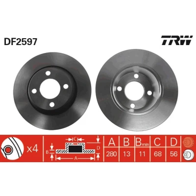 Bilde av TRW DF2597 Bremseskiver 280 12,9 4 108 fullt ut spraylakkert høy karbon AUDI: 80 B4 Sedan, Coupe B3, Avant