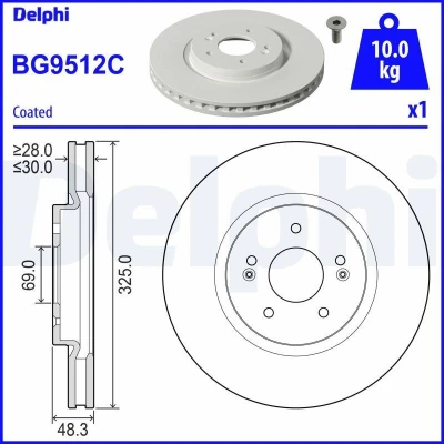 Bilde av DELPHI BG9512C Bremseskiver 325 30 5 ventilert belagt ubehandlet uten hjullager, ABS sensorring