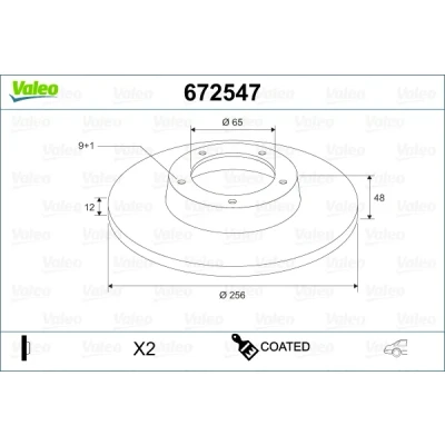 Bilde av VALEO 672547 Bremseskiver bakaksel 256 12 9 fullt ut belagt VOLKSWAGEN: Caddy 3, Touran I, Golf 5, SKODA: Octavia 2 Combi, Superb II Stasjonsvogn