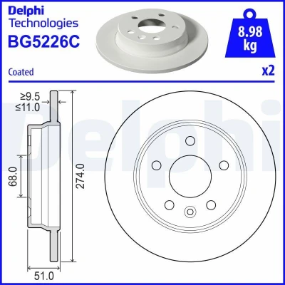 Bilde av DELPHI Bremseskive 11mm 5 fullt ut belagt ubehandlet BG5226C 440A09225R Bremseskiver, Skivebremser