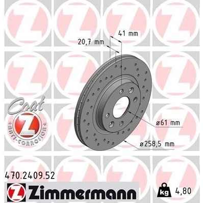 Bilde av ZIMMERMANN SPORT COAT Z 470.2409.52 Bremseskiver 259 21 6/4 4 100 innvendig ventilert, hullet belagt RENAULT: Kangoo I Express, I, CLIO 2