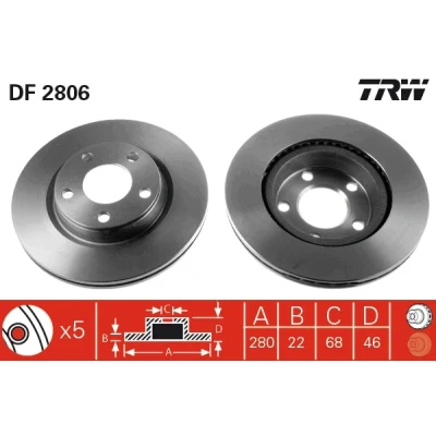 Bilde av TRW DF2806 Bremseskiver 280 22 5 112 ventilert spraylakkert AUDI: A4 B7 Avant, A8 D3, B5 VOLKSWAGEN: Passat Sedan