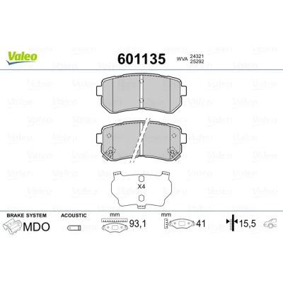Bilde av VALEO 601135 Bremseklosser bakaksel inkl. slitasjevarselkontakt med antihyle blikk KIA: Sportage III, SOUL 2, Picanto II, HYUNDAI: Tucson, ix35, ix20