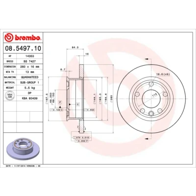 Bilde av BREMBO 08.5497.10 Bremseskiver 260 16 5 fullt ut VOLKSWAGEN: Transporter 4 Bus,