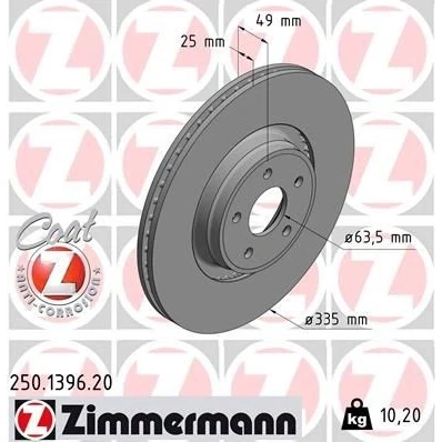 Bilde av ZIMMERMANN 250.1396.20 Bremseskiver 335 25 5/5 5 108 utvendig ventilert belagt FORD: FOCUS 3, 3 Turnier