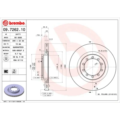 Bilde av BREMBO 09.7262.10 Bremseskiver 290 22 5 innvendig ventilert høy karbon RENAULT TRUCKS: Mascott Flatvogn lastebil / Chassis