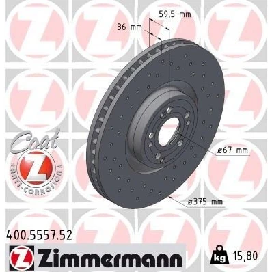 Bilde av ZIMMERMANN Bremseskive MERCEDES BENZ: GLE 36mm 9/5 5 hull 112mm innvendig ventilert, hullet belagt høy karbon 400.5557.52 1674210901,167421090107