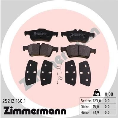 Bilde av ZIMMERMANN 25212.160.1 Bremseklosser Bildet viser leveranseinnholdet FORD: FOCUS 3, Transit Connect V408 Van, KUGA 2, VOLVO: V40 Hatchback, C30