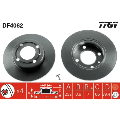 Bilde av TRW DF4062 Bremseskiver 232 8,9 4 100 fullt ut spraylakkert med skruer VOLKSWAGEN: Polo III Hatchback