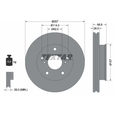 Bilde av TEXTAR PRO 92236003 Bremseskiver 257 28 05/07 114,3 innvendig ventilert belagt uten hjulfestebolt, hjulnav TOYOTA: HILUX 3 Pick up