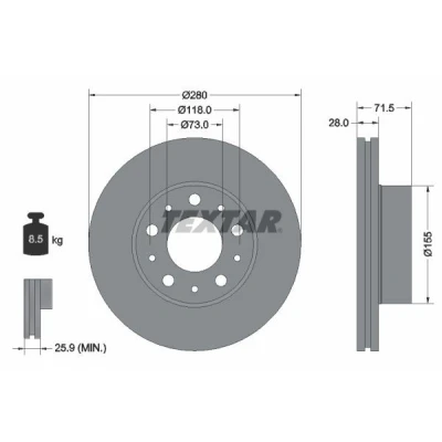 Bilde av TEXTAR PRO 92286103 Bremseskiver 280 28 05/10 118 innvendig ventilert belagt uten hjulfestebolt, hjulnav