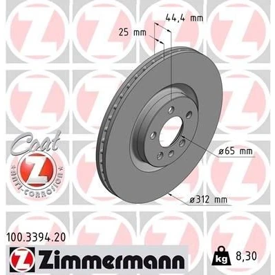 Bilde av ZIMMERMANN 100.3394.20 Bremseskiver 312 25 6/5 5 100 innvendig ventilert belagt høy karbon