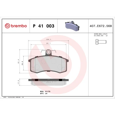 Bilde av BREMBO P 41 003 Bremseklosser ekskl. slitasjevarselkontakt med bremsecaliperskruer uten tilbehør LADA: Priora Sedan