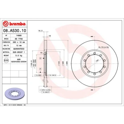 Bilde av BREMBO 08.A530.10 Bremseskiver 280 16 5 fullt ut FORD: Transit Mk6 Van, Minibuss, Flatvogn lastebil/Chassis