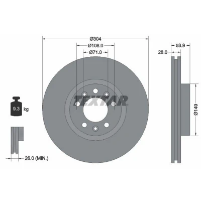 Bilde av TEXTAR PRO 92287203 Bremseskiver 304 28 05/08 108 innvendig ventilert belagt uten hjulfestebolt, hjulnav TOYOTA: Proace II Van, Verso