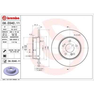 Bilde av BREMBO 08.D340.11 Bremseskiver 290 10 5 fullt ut belagt høy karbon med skruer MERCEDES BENZ: SL Cabrio