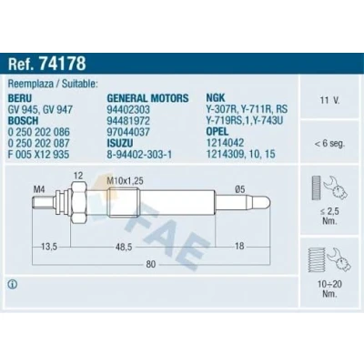 Bilde av FAE 74178 Glødeplugg 11V M 10x1.25 OPEL: Astra F CC