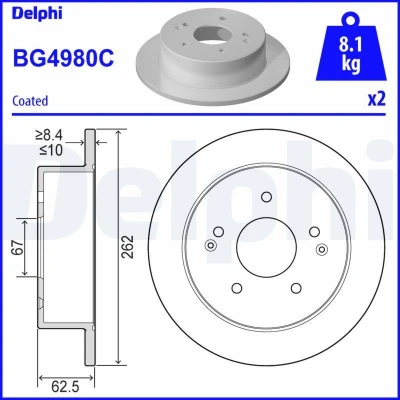 Bilde av DELPHI BG4980C Bremseskiver 262 10 5 fullt ut belagt ubehandlet uten hjullager, ABS sensorring SSANGYONG: Actyon Sports I Pick up