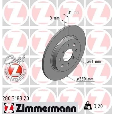 Bilde av ZIMMERMANN COAT Z 280.3183.20 Bremseskiver 260 9 8/4 4 100 fullt ut belagt HONDA: Jazz 3, Insight II Hatchback