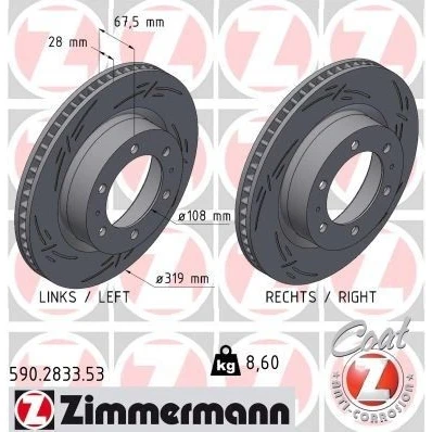Bilde av ZIMMERMANN Bremseskive TOYOTA: Hilux 3 Pick up, VIII up 28mm 8/6 6 hull 140mm innvendig ventilert, med sliss belagt 590.2833.53 435120K090