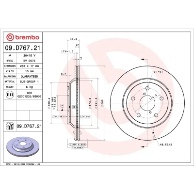 Bilde av BREMBO 09.D767.21 Bremseskiver 285 17 5 innvendig ventilert belagt med skruer