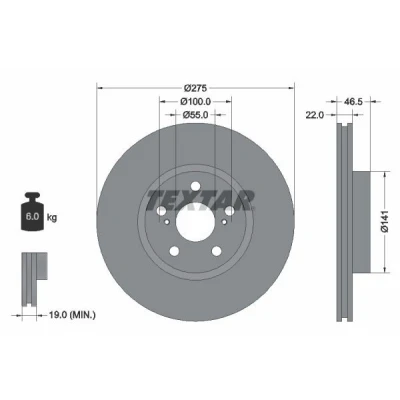 Bilde av TEXTAR 92199300 Bremseskiver 275 22 05/07 100 innvendig ventilert uten hjulfestebolt, hjulnav TOYOTA: Urban Cruiser, Corolla X Sedan
