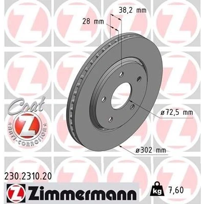 Bilde av ZIMMERMANN COAT Z 230.2310.20 Bremseskiver 302 28 5/5 5 127 utvendig ventilert belagt CHRYSLER: VOYAGER 4, GRAND 5OYAGER 5, FIAT: Freemont