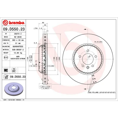 Bilde av BREMBO 09.D550.23 Bremseskiver 363 33 5 innvendig ventilert, todelt bremseskive belagt høy karbon LAND ROVER: Discovery