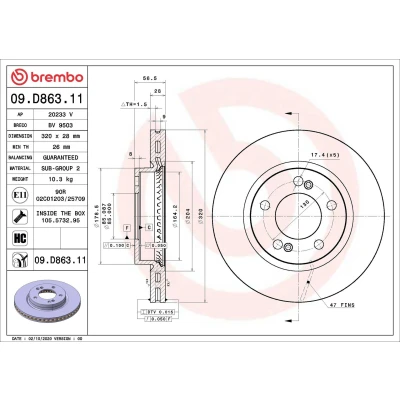 Bilde av BREMBO 09.D863.11 Bremseskiver 320 28 5 innvendig ventilert belagt høy karbon med skruer SSANGYONG: Rexton