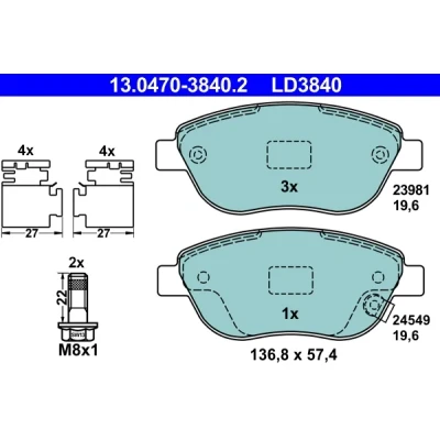Bilde av ATE Ceramic 13.0470 3840.2 Bremseklosser med akustisk slitasjevarsel bremsecaliperskruer tilbehør OPEL: Corsa D Hatchback, FIAT: 500L