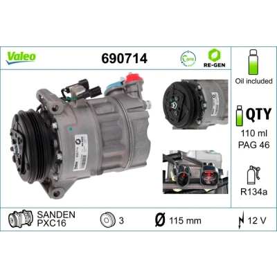 Bilde av VALEO 690714 Kompressor PXC16 12 PAG 46 R 134a med kompressorlje VOLVO: XC70 II Stasjonsvogn, V70 3, V60 I