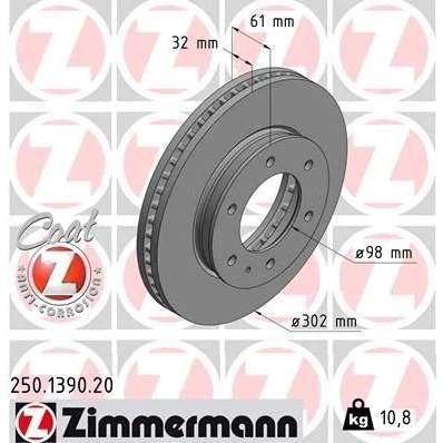 Bilde av ZIMMERMANN COAT Z 250.1390.20 Bremseskiver 302 32 7/6 6 140 innvendig ventilert belagt FORD: Ranger Mk3, MAZDA: BT 50 Pick up