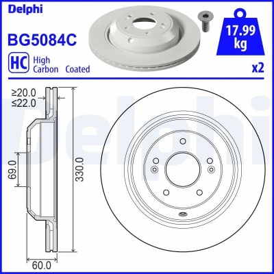 Bilde av DELPHI BG5084C Bremseskiver 330 22 5 ventilert belagt høy karbon uten hjullager, ABS sensorring