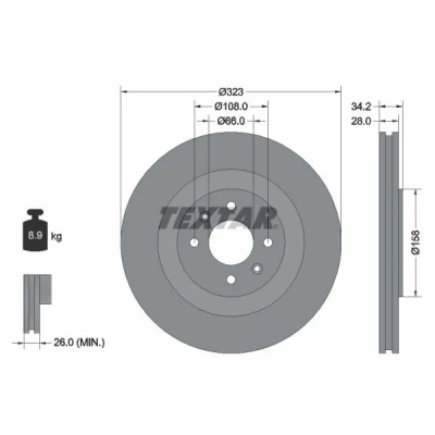 Bilde av TEXTAR PRO 92267103 Bremseskiver 323 28 04/06 108 innvendig ventilert belagt uten hjulfestebolt, hjulnav CITROËN: DS3 Hatchback, Cabrio