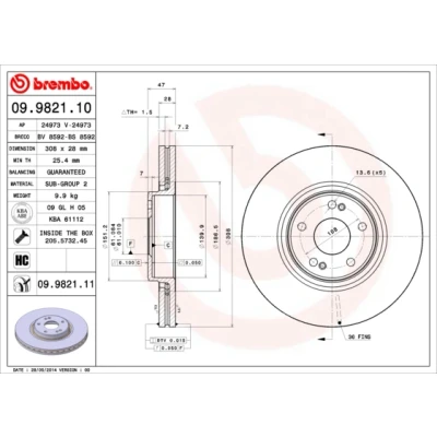 Bilde av BREMBO COATED DISC LINE 09.9821.11 Bremseskiver 308 28 5 innvendig ventilert belagt med skruer RENAULT: LAGUNA 2 Grandtour