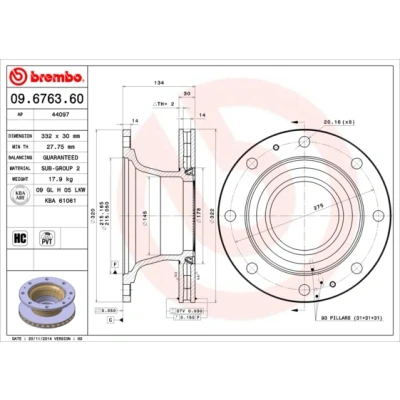 Bilde av BREMBO 09.6763.60 Bremseskiver 322 30 8 innvendig ventilert høy karbon IVECO: EuroCargo I III