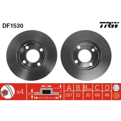Bilde av TRW DF1530 Bremseskiver 256 22 4 108 ventilert spraylakkert høy karbon AUDI: 80 B4 Sedan, 100 C3 90 B3