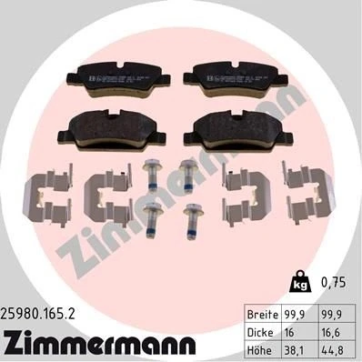 Bilde av ZIMMERMANN 25980.165.2 Bremseklosser klargjort for slitasjeindikator med skruer Bildet viser leveranseinnholdet, glideplate MINI: Hatchback