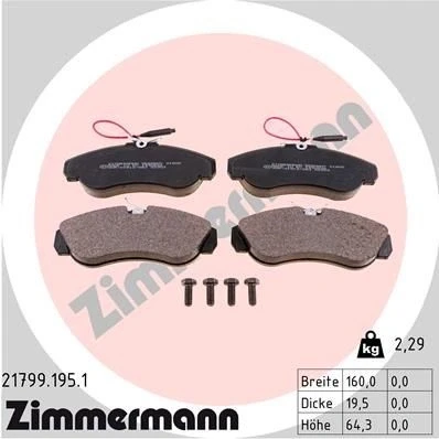 Bilde av ZIMMERMANN 21799.195.1 Bremseklosser inkl. slitasjevarselkontakt med skruer Bildet viser leveranseinnholdet FIAT: Ducato II Flatvogn lastebil/Chassis