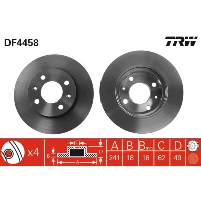 Bilde av TRW DF4458 Bremseskiver 241 18 4 100 ventilert spraylakkert høy karbon KIA: Picanto II, I, HYUNDAI: i10 II Hatchback, I