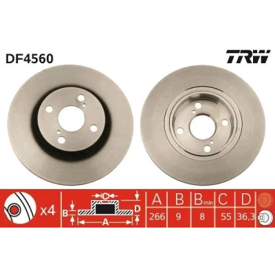 Bilde av TRW DF4560 Bremseskiver 266 9 4 100 fullt ut spraylakkert AUDI: 80 B4 Sedan, C3 VOLKSWAGEN: GOLF 3, TOYOTA: Corolla VIII Liftback