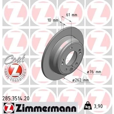 Bilde av ZIMMERMANN COAT Z 285.3514.20 Bremseskiver 262 10 8/5 5 114 fullt ut belagt KIA: Sportage III, cee‘d I Stasjonsvogn, Hatchback, HYUNDAI: ix35