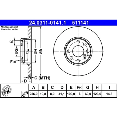 Bilde av ATE PowerDisc 24.0311 0141.1 Bremseskiver 256,0 10,8 6 100,0 fullt ut belagt OPEL: Astra G CC, Caravan, Sedan